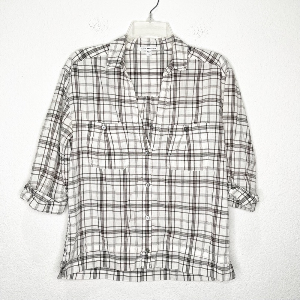 James Perse Standard Plaid Cotton Linen Button Front Top 3